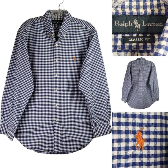 Polo Ralph Lauren Shirt Oxford Mens Medium 16 Blue Gingham Check LS Button Down - Picture 1 of 10